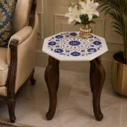 Octagonal White Marble Side Table Lapis Lazuli Floral Inlay - thumbnail 2