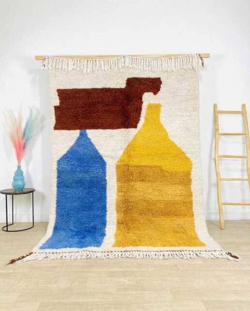 Artistic Abstract Moroccan Rug - Blue Yellow Berber Wool Shag Large Area For Studio Modern Handmade Floor Art - image 1