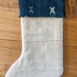 African Mud Cloth Christmas Stocking-White Stocking-Blue Vintage Indigo & White Stocking-Holiday Stocking - thumbnail 3