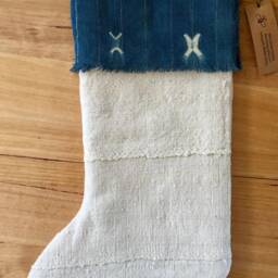 African Mud Cloth Christmas Stocking-White Stocking-Blue Vintage Indigo & White Stocking-Holiday Stocking - thumbnail 2