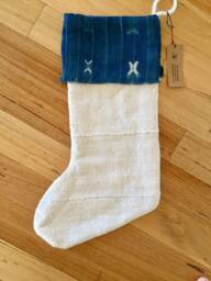 African Mud Cloth Christmas Stocking-White Stocking-Blue Vintage Indigo & White Stocking-Holiday Stocking