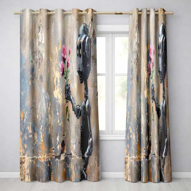 Robot Holding Pink Flowers Urban Graffiti Elegant Artistic Artwork For Home Decor Readymade Eyelet Ring Top Thermal 100% Blackout Curtains - image 1