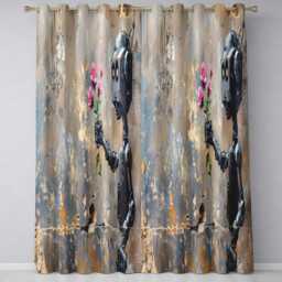 Robot Holding Pink Flowers Urban Graffiti Elegant Artistic Artwork For Home Decor Readymade Eyelet Ring Top Thermal 100% Blackout Curtains - thumbnail 3