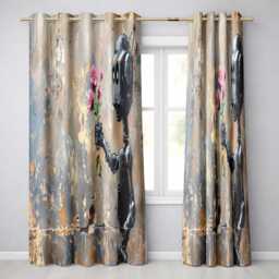 Robot Holding Pink Flowers Urban Graffiti Elegant Artistic Artwork For Home Decor Readymade Eyelet Ring Top Thermal 100% Blackout Curtains - thumbnail 1