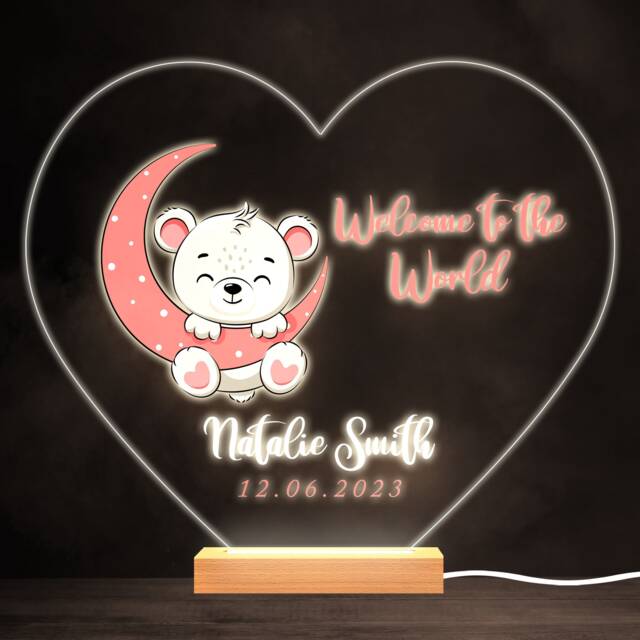 Welcome To The World New Baby Girl Bear Heart Personalised Gift Night Light - Bedroom Lamp - image 1