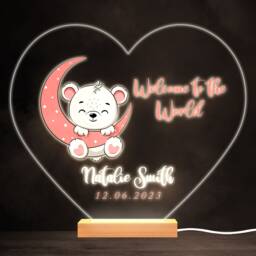 Welcome To The World New Baby Girl Bear Heart Personalised Gift Night Light - Bedroom Lamp