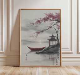 Japanese Cherry Blossom Pagoda Poster, Oriental Landscape Wall Art, Asian Nature Print - thumbnail 1