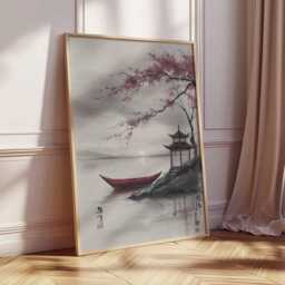 Japanese Cherry Blossom Pagoda Poster, Oriental Landscape Wall Art, Asian Nature Print - thumbnail 2