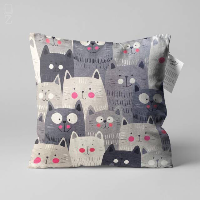 Grey Velvet Cute Cat Pillow Case, Hand Drawn Kitty Decorative Cushion For Lovers - image 1