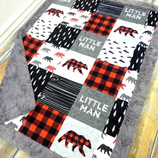 Customized Bear Baby Blanket - Faux Quilt Little Man Personalized Name Woodland - image 1
