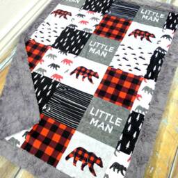 Customized Bear Baby Blanket - Faux Quilt Little Man Personalized Name Woodland