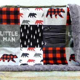 Customized Bear Baby Blanket - Faux Quilt Little Man Personalized Name Woodland - thumbnail 2