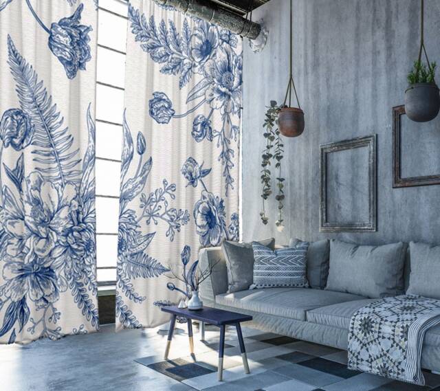 Set Of 2 Velvet Curtain Panels, Blackout Curtains Artistic Curtains, Blue Rustic Flower - image 1