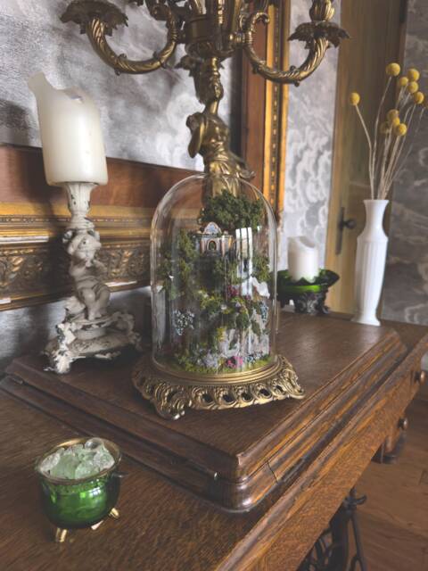 Handmade Miniature Scene in Glass Cloche With Vintage Metal Base - image 1
