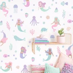 Mermaid Wall Decals - Removable, Reusable Stickers Watercolor Sea Life Nursery Decor, Kids Room Art, Beach Decor - thumbnail 1