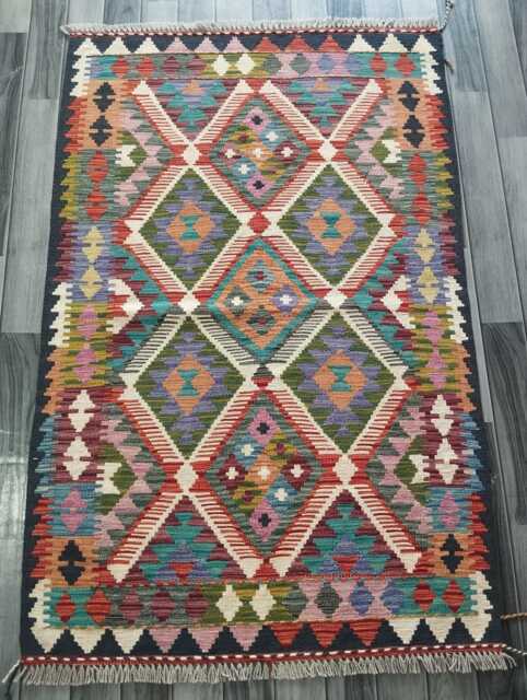 Multicolour Kilim Rug, Handmade Artisan Afghan Turkish Persian Navajo Scandinavian Bohemian Flatweave Natural Wool Rug 151x99 cm - image 1
