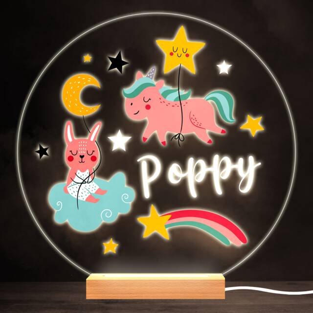 Sleeping Rabbit & Unicorn Colourful Round Personalised Gift Lamp Night Light - Bedroom - image 1