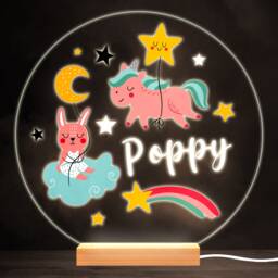 Sleeping Rabbit & Unicorn Colourful Round Personalised Gift Lamp Night Light - Bedroom