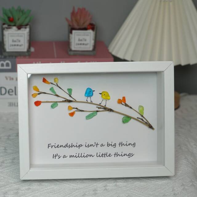 Handmade Sea Glass Bird Art Rainbow Birds On Bamboo Branch Framed - image 1