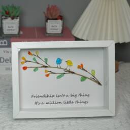 Handmade Sea Glass Bird Art Rainbow Birds On Bamboo Branch Framed - thumbnail 1