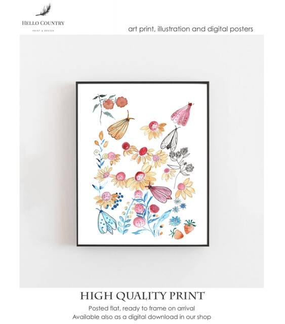 Butterfly & Floral Art Print Farmhouse Kitchen Decor - A4 - image 1