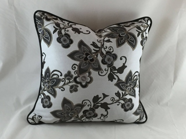 Floral Woven Cushion Cover, Charcoal & White, Piped Edge - 22x22 - image 1
