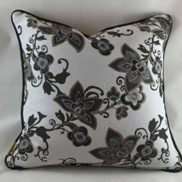 Floral Woven Cushion Cover, Charcoal & White, Piped Edge - 22x22 - thumbnail 4