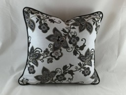 Floral Woven Cushion Cover, Charcoal & White, Piped Edge - 22x22 - thumbnail 1