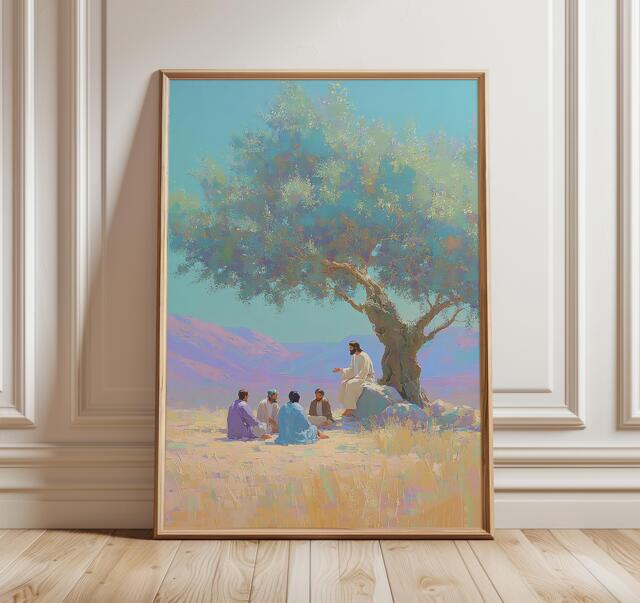 Biblical Landscape Poster, Serene Jesus Teaching Wall Art, Spiritual Oil Painting Print, Peaceful Christian Decor, Religious Artwork - image 1