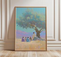 Biblical Landscape Poster, Serene Jesus Teaching Wall Art, Spiritual Oil Painting Print, Peaceful Christian Decor, Religious Artwork - thumbnail 1