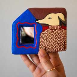Handmade Paper Mache Dog Mirror, Folk Art Small Wall Cute Whimsical Pet Lover Gift, Eclectic Naive Decor, Made To Order Mirror - thumbnail 3