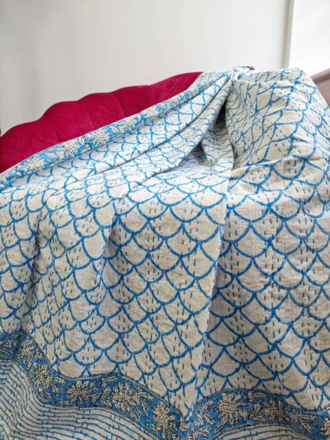 Kantha Stitch Pure Cotton Reversible Bed/Sofa/Picnic/Kids Room Throw Singlesize Handprint Dohar Floral Summer White Blue Pop Shell Stripe - image 1