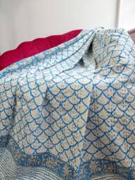 Kantha Stitch Pure Cotton Reversible Bed/Sofa/Picnic/Kids Room Throw Singlesize Handprint Dohar Floral Summer White Blue Pop Shell Stripe