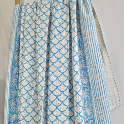 Kantha Stitch Pure Cotton Reversible Bed/Sofa/Picnic/Kids Room Throw Singlesize Handprint Dohar Floral Summer White Blue Pop Shell Stripe - thumbnail 3