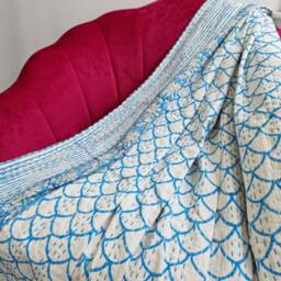 Kantha Stitch Pure Cotton Reversible Bed/Sofa/Picnic/Kids Room Throw Singlesize Handprint Dohar Floral Summer White Blue Pop Shell Stripe - thumbnail 2