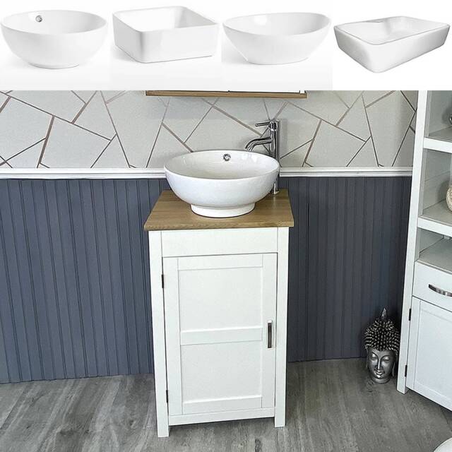 Small Compact Oak Bathroom Modern Vanity Cabinet & Ceramic Basin 308P - image 1