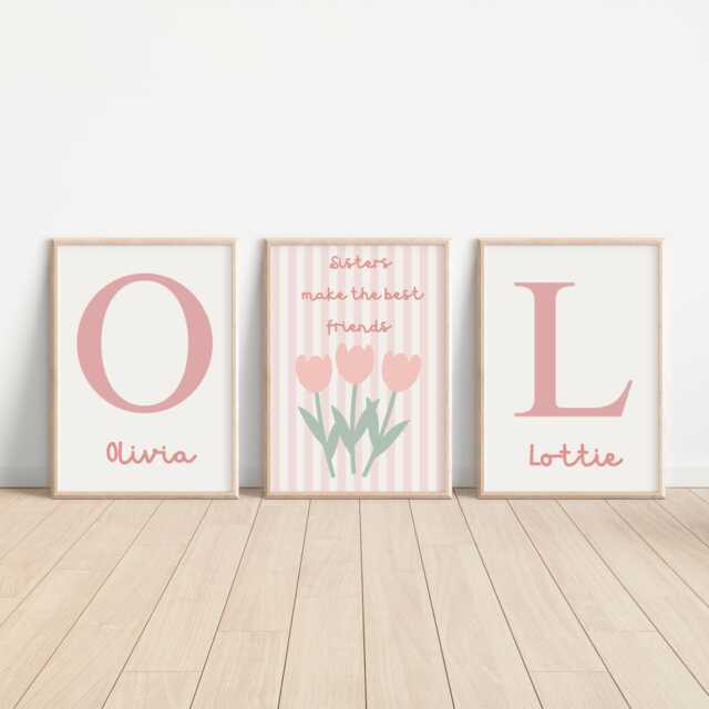 Set Of 3 Floral Personalised Sister Sibling Wall Prints For Bedroom Or Nursery - image 1