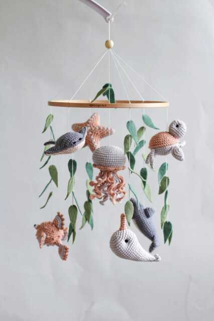 Ocean Baby Mobile. Nautical Mobile With Narwhal, Jellyfish, Turtle, Stingray Fish, Shark, Starfish & Puffer Fish - image 1