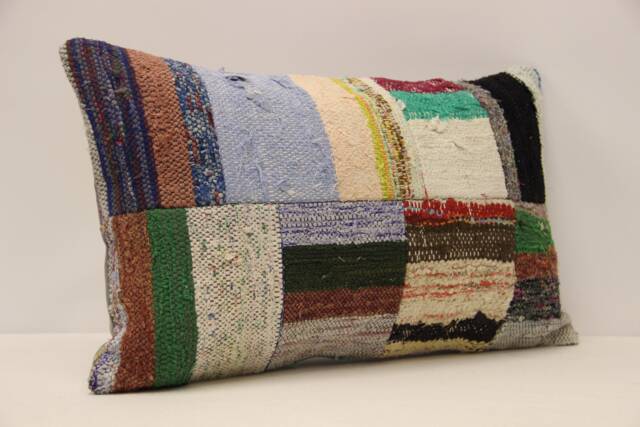Vintage Turkish Kilim Lumbar Pillow Cover, Boho Patchwork Wool Cushion - 12x20 In - image 1