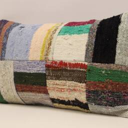 Vintage Turkish Kilim Lumbar Pillow Cover, Boho Patchwork Wool Cushion - 12x20 In - thumbnail 3
