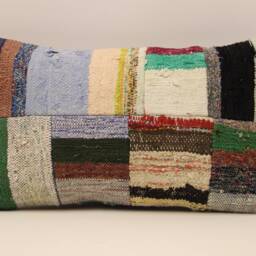 Vintage Turkish Kilim Lumbar Pillow Cover, Boho Patchwork Wool Cushion - 12x20 In - thumbnail 2