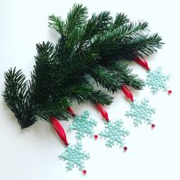 10 Cotton Crochet Snowflake Christmas Decorations On Red Silk Ribbon With Swarovski Crystal - Choose Any Custom Color Mix & Match - thumbnail 2