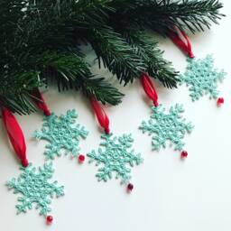 10 Cotton Crochet Snowflake Christmas Decorations On Red Silk Ribbon With Swarovski Crystal - Choose Any Custom Color Mix & Match - thumbnail 1