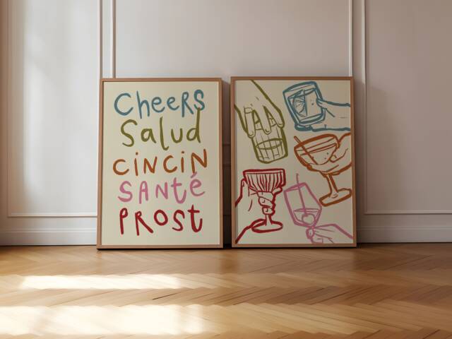 Set Of 2 Cheers Prints, Colourful Wine Print, Retro Wall Art, Kitchen Aesthetic Decor, Gallery Wall, Home Inspo, Unframed - image 1