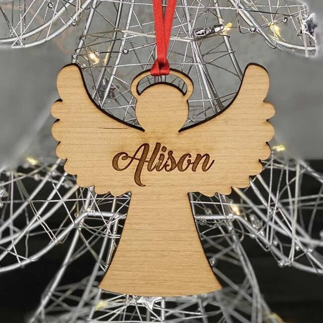 Personalised Cherry Wood Angel, Memorial Christmas Tree Decoration Bauble Gift - image 1