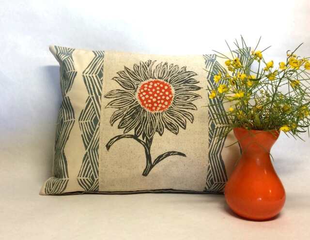 Hand Block Printed Sunflower Pillow Geometric Accent Cushion - image 1