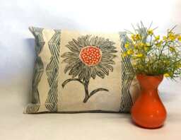 Hand Block Printed Sunflower Pillow Geometric Accent Cushion - thumbnail 1