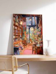 Vintage Library Poster, Book Shop Print, Lovers Gift, Reading Antique Wall Art, Retro Gift Idea - thumbnail 1