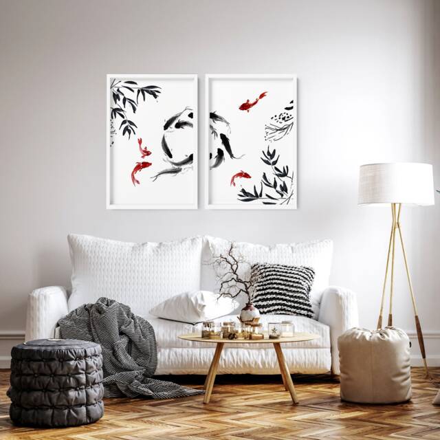 Home Decor Wall Hanging, Koi Fishes Art, Office Decor Gift For Her, Zen Garden Set Of 2 Prints, Japanese Art New Gift - image 1