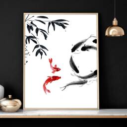 Home Decor Wall Hanging, Koi Fishes Art, Office Decor Gift For Her, Zen Garden Set Of 2 Prints, Japanese Art New Gift - thumbnail 2